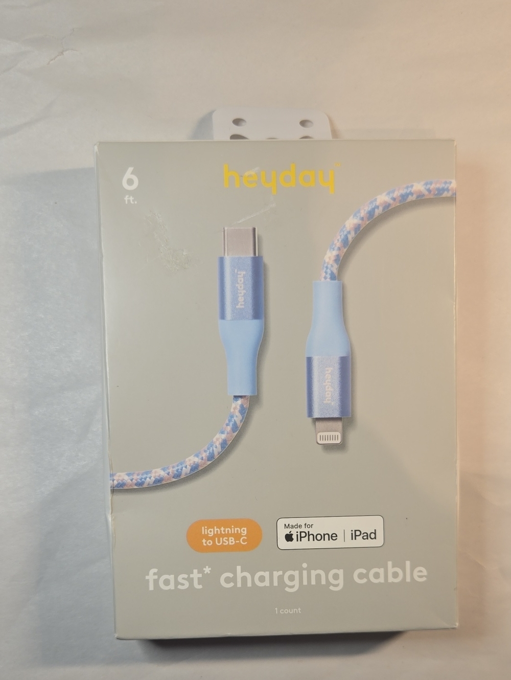 heyday Lightning to USB‑C Braided Cable — Light Blue & White